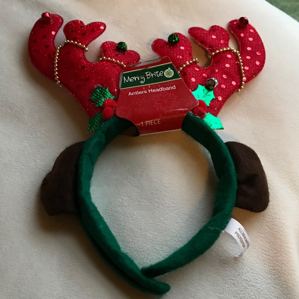 Merry Brite Reindeer Ears Red With Sparkles and Christmas Bulbs and Holly Berry